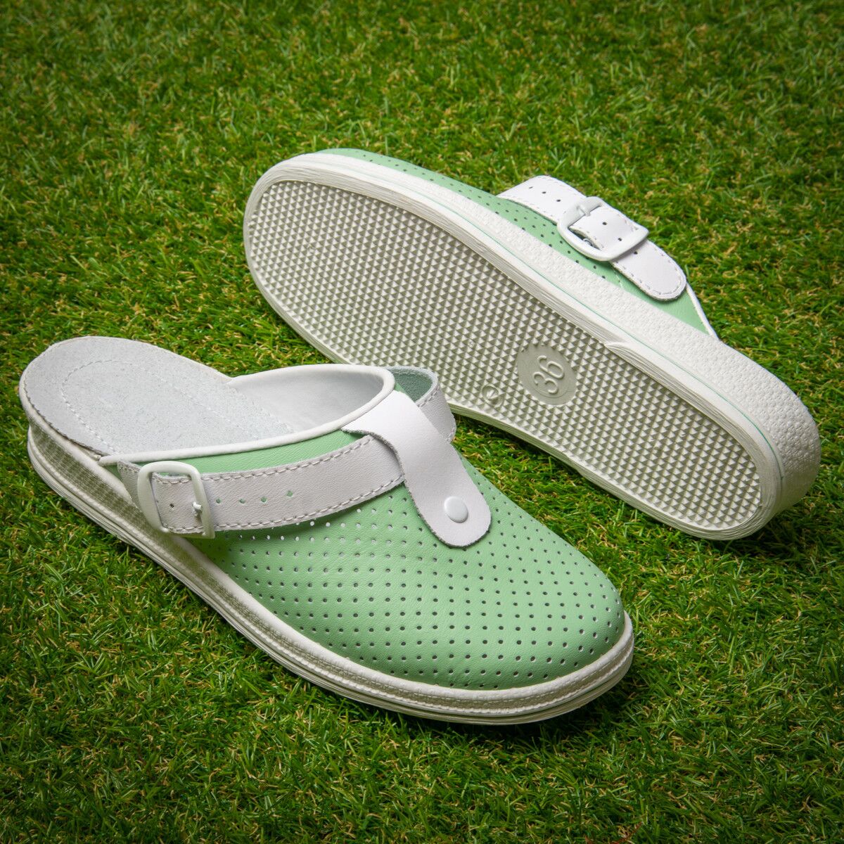 Saboti medicali piele “Tellus” 74-08/04/01, Verde-Alb - imagine 1